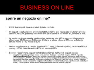 BUSINESS ON LINE 
aprire un negozio online? 
• il 20% degli acquisti riguarda prodotti digitali e non fisici. 
• Gli acquisti su cellulare sono cresciuti del 289% nel 2013 e se ne prevede un’ulteriore crescita 
dell’85%, nel 2014, passando così in due anni da un valore di 164 milioni a 1,2 miliardi di euro. 
• La previsione di crescita delle vendite dai siti italiani per tutto il 2014, secondo l’Osservatorio 
eCommerce B2c Netcomm–Politecnico di Milano, si attesta intorno al 17%, per un fatturato 
stimato intorno ai 13,2 miliardi di euro. 
• I settori maggiormente in crescita rispetto al 2013 sono: l’informatica (+32%), l’editoria (+28%), il 
grocery (+23%), l’abbigliamento (+21%) e il turismo (+11%) 
• Secondo l’Osservatorio Acquisti CartaSi (dati del 2012), il 29% degli acquisti riguarda 
– viaggi e trasporti (biglietti per treni e aerei, camere d’albergo e pacchetti viaggio), il 19,4% riguarda 
i servizi consumer (servizi per la casa, attività ricreative, servizi assicurativi e finanziari e della pubblica 
amministrazione), il 17,6% riguarda prodotti non alimentari (grande distribuzione non alimentare, gioiellerie, 
cartolibrerie, farmacie e sanitari, profumerie, articoli sportivi, cine/foto e altri non food), il 14,9% riguarda 
informatica e servizi professionali (negozi di informatica, beni e servizi business e professionali, prodotti per 
ufficio), il 10% riguarda le telecomunicazioni (telefonia e ricariche, internet, payTV). 
 