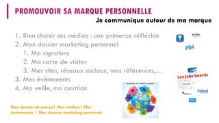 Je communique autour de ma marque 
PROMOUVOIR SA MARQUE PERSONNELLE 
Mon dossier de presse| Mes médias| Mes événements | Mon dossier marketing personnel 
1. 
Bien choisir ses médias : une présence réfléchie 
2. 
Mon dossier marketing personnel 
1. 
Ma signature 
2. 
Ma carte de visites 
3. 
Mes sites, réseaux sociaux, mes références,… 
3. 
Mes événements 
4. 
Ma veille, ma curation  
