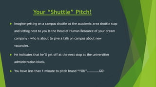 Your “Shuttle” Pitch!
 Imagine getting on a campus shuttle at the academic area shuttle stop
and sitting next to you is the Head of Human Resource of your dream
company – who is about to give a talk on campus about new
vacancies.
 He indicates that he’ll get off at the next stop at the universities
administration block.
 You have less than 1 minute to pitch brand “YOU”……………GO!
 