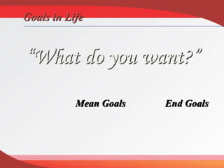 Goals in Life
“What do you want?”
Mean Goals End Goals
 