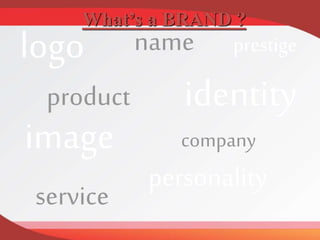 logo
image
personality
company
identity
name prestige
product
service
What’s a BRAND ?
 