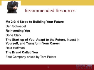 Recommended Resources
Me 2.0: 4 Steps to Building Your Future
Dan Schwabel
Reinventing You
Dorie Clark
The Start-up of You: Adapt to the Future, Invest in
Yourself, and Transform Your Career
Reid Hoffman
The Brand Called You
Fast Company article by Tom Peters
19
 