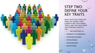 STEP TWO:
DEFINE YOUR
KEY TRAITS
WHAT HELPS YOU STAND OUT
FROM THE CROWD? THESE
ELEMENTS ARE YOUR UNIQUE
TRAITS, AND THEY HELP SHAPE
YOUR PERSONAL IDENTITY.
THE BIG FIVE PERSONALITY
TRAITS ARE IDENTIFIED AS :
• OPENNESS TO EXPERIENCE
• CONSCIENTIOUSNESS
• EXTRAVERSION
• AGREEABLENESS
• NEUROTICISM
 