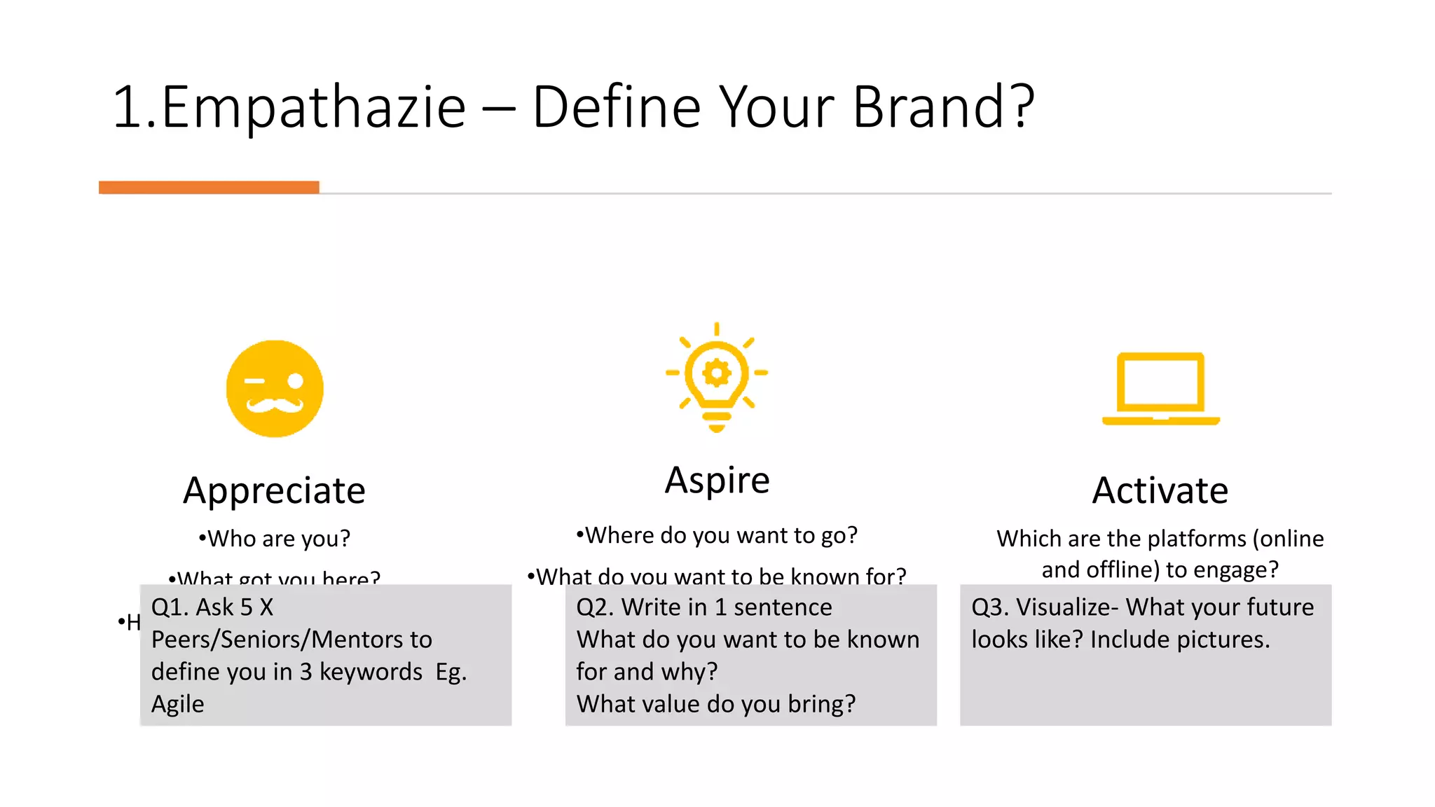 1.Empathazie – Define Your Brand?
Appreciate
•Who are you?
•What got you here?
•How do people perceive you?
Aspire
•Where do you want to go?
•What do you want to be known for?
•What value do you bring?
Activate
Which are the platforms (online
and offline) to engage?
What can you contribute?Q1. Ask 5 X
Peers/Seniors/Mentors to
define you in 3 keywords Eg.
Agile
Q2. Write in 1 sentence
What do you want to be known
for and why?
What value do you bring?
Q3. Visualize- What your future
looks like? Include pictures.
 