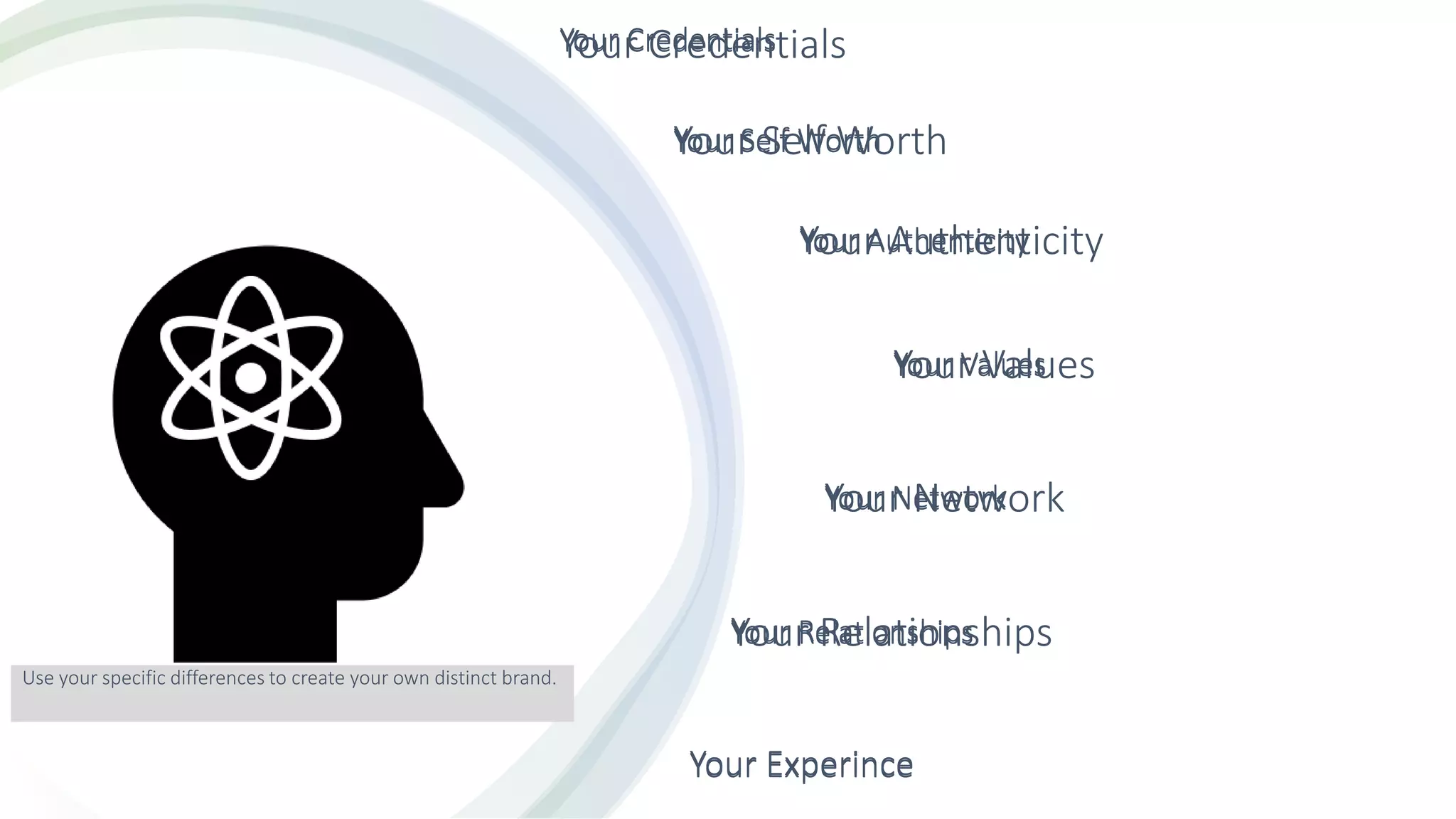 Your Credentials
Your Self Worth
Your Authenticity
Your Values
Your Network
Your Relationships
Your Experince
Use your specific differences to create your own distinct brand.
Your Credentials
Your Self Worth
Your Authenticity
Your Values
Your Network
Your Relationships
Your Experince
Your Credentials
Your Self Worth
Your Authenticity
Your Values
Your Network
Your Relationships
 