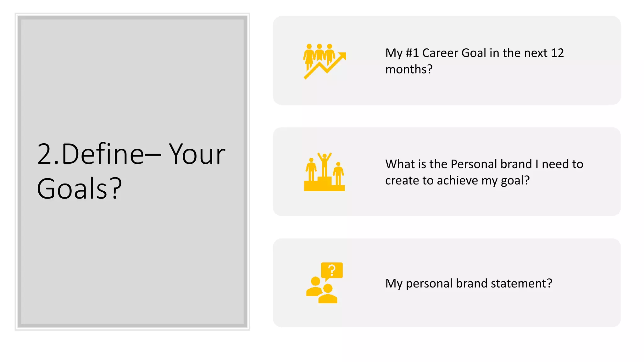 2.Define– Your
Goals?
My #1 Career Goal in the next 12
months?
What is the Personal brand I need to
create to achieve my goal?
My personal brand statement?
 