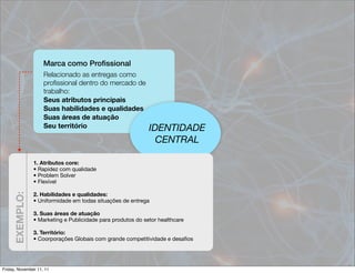 Marca como Proﬁssional
                    Relacionado as entregas como
                    proﬁssional dentro do mercado de
                    trabalho:
                    Seus atributos principais
                    Suas habilidades e qualidades
                    Suas áreas de atuação
                    Seu território                           IDENTIDADE
                                                               CENTRAL

                1. Atributos core:
                • Rapidez com qualidade
                • Problem Solver
                • Flexível

                2. Habilidades e qualidades:
     EXEMPLO:




                • Uniformidade em todas situações de entrega

                3. Suas áreas de atuação
                • Marketing e Publicidade para produtos do setor healthcare

                3. Território:
                • Coorporações Globais com grande competitividade e desaﬁos




Friday, November 11, 11
 