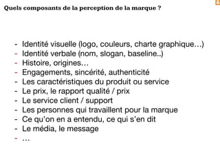 &
Quels composants de la perception de la marque ?
- Identité visuelle (logo, couleurs, charte graphique…)
- Identité verbale (nom, slogan, baseline..)
- Histoire, origines…
- Engagements, sincérité, authenticité
- Les caractéristiques du produit ou service
- Le prix, le rapport qualité / prix
- Le service client / support
- Les personnes qui travaillent pour la marque
- Ce qu’on en a entendu, ce qui s’en dit
- Le média, le message
- …
 