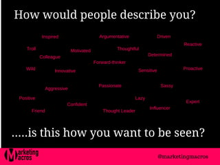 How would people describe you?
.....is this how you want to be seen?
Passionate
Motivated
Sensitive
Sassy
Aggressive
Troll
ArgumentativeInspired
Innovative
Forward-thinker
Confident
Positive
Proactive
Expert
Thought LeaderFriend
Colleague
Influencer
Thoughtful
Reactive
Wild
Driven
Lazy
Determined
@marketingmacros
 