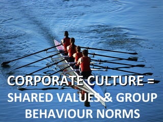26
CORPORATE CULTURE =CORPORATE CULTURE =
SHARED VALUES & GROUP
BEHAVIOUR NORMS
 
