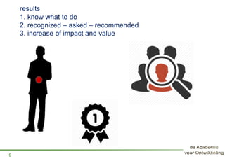 results
1. know what to do
2. recognized – asked – recommended
3. increase of impact and value
6
 