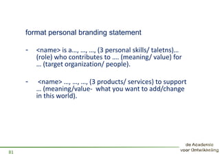 format personal branding statement
81
- <name> is a…, …, …, (3 personal skills/ taletns)…
(role) who contributes to …. (meaning/ value) for
… (target organization/ people).
- <name> …, …, …, (3 products/ services) to support
… (meaning/value- what you want to add/change
in this world).
 
