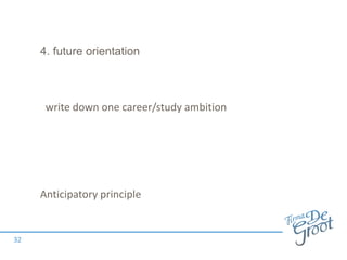 4. future orientation
Anticipatory principle
32
write down one career/study ambition
 