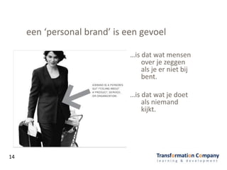 een ‘personal brand’ is een gevoel
…is dat wat mensen
over je zeggen
als je er niet bij
bent.
…is dat wat je doet
als niemand
kijkt.
14
 