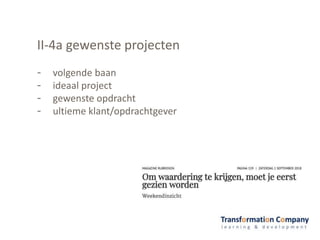 II-4a gewenste projecten
- volgende baan
- ideaal project
- gewenste opdracht
- ultieme klant/opdrachtgever
 