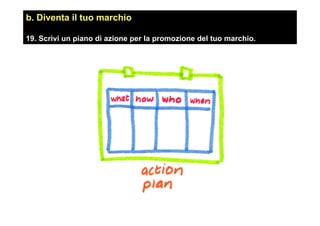 b. Diventa il tuo marchio
19. Scrivi un piano di azione per la promozione del tuo marchio.
 