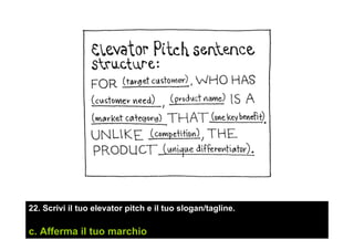 22. Scrivi il tuo elevator pitch e il tuo slogan/tagline.
c. Afferma il tuo marchio
 