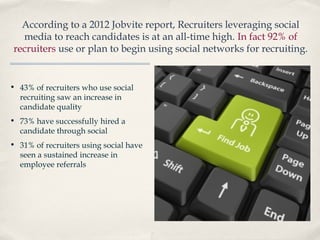 According to a 2012 Jobvite report, Recruiters leveraging social
media to reach candidates is at an all-time high. In fact 92% of
recruiters use or plan to begin using social networks for recruiting.

• 43% of recruiters who use social
recruiting saw an increase in
candidate quality
• 73% have successfully hired a
candidate through social
• 31% of recruiters using social have
seen a sustained increase in
employee referrals

 
