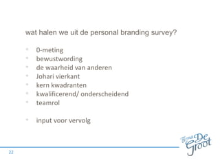 wat halen we uit de personal branding survey?
• 0-meting
• bewustwording
• de waarheid van anderen
• Johari vierkant
• kern kwadranten
• kwalificerend/ onderscheidend
• teamrol
• input voor vervolg
22
 
