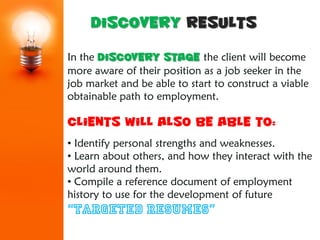 Discovery Results

In the Discovery Stage the client will become
more aware of their position as a job seeker in the
job m...