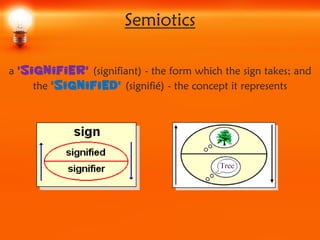Semiotics

a 'signifier' (signifiant) - the form which the sign takes; and
     the 'signified' (signifié) - the concept i...