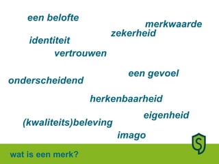 een belofte een gevoel (kwaliteits)beleving vertrouwen herkenbaarheid zekerheid onderscheidend eigenheid merkwaarde wat is een merk? identiteit imago 