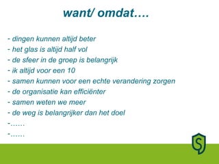 want/ omdat…. dingen kunnen altijd beter het glas is altijd half vol de sfeer in de groep is belangrijk ik altijd voor een 10 samen kunnen voor een echte verandering zorgen de organisatie kan efficiënter samen weten we meer de weg is belangrijker dan het doel …… …… 