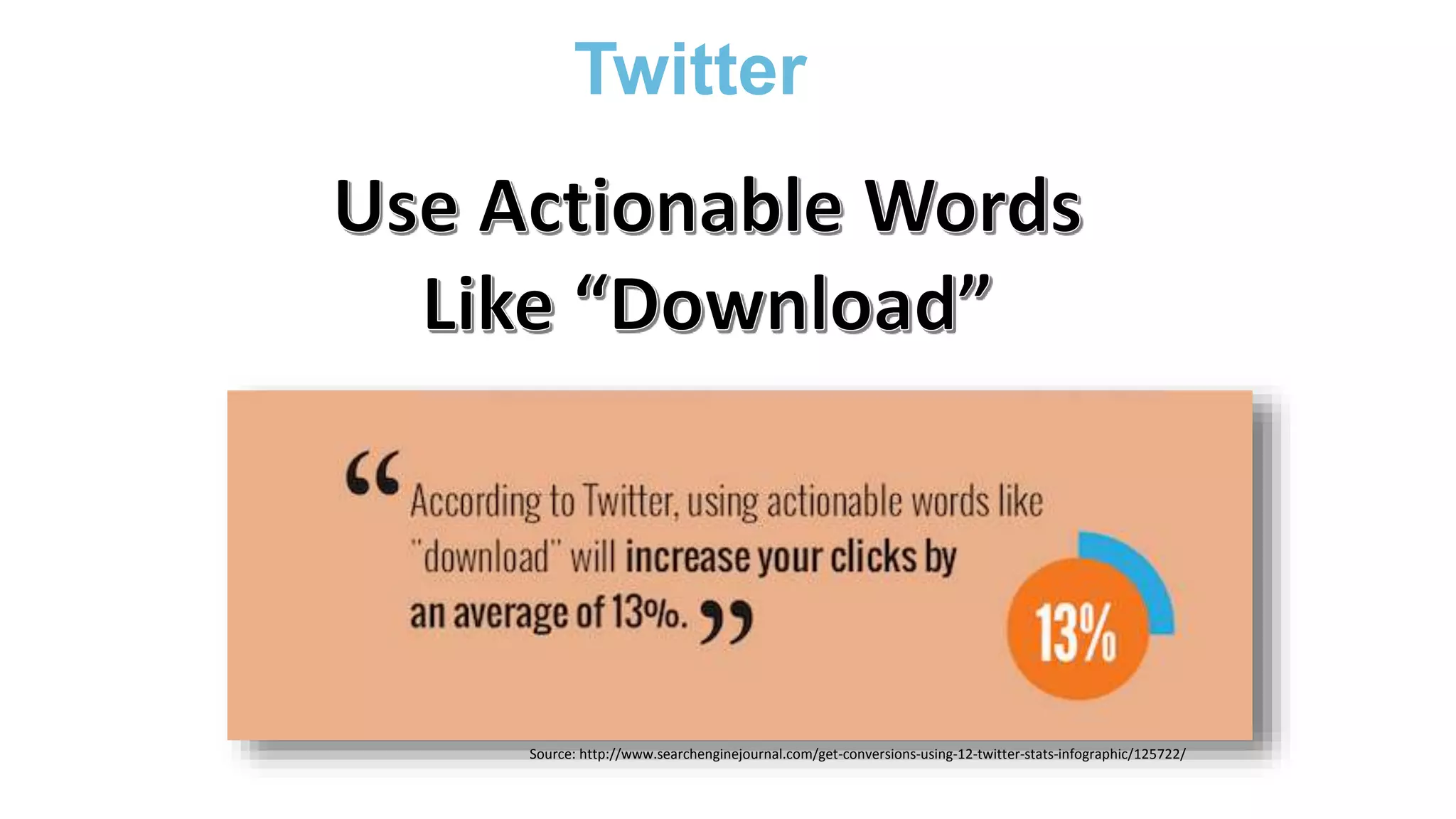 Twitter
Source: http://www.searchenginejournal.com/get-conversions-using-12-twitter-stats-infographic/125722/
 