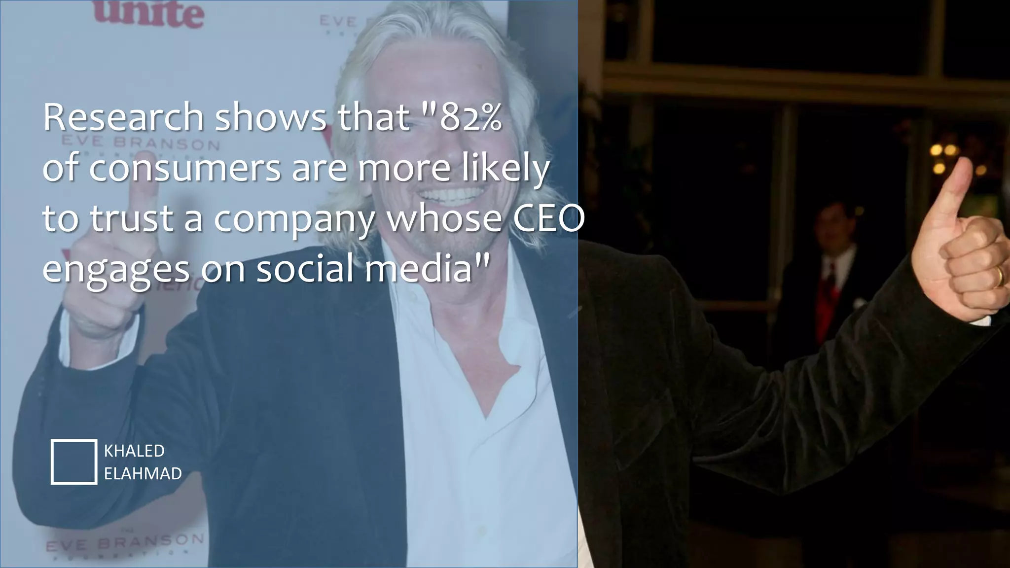 Research shows that "82%
of consumers are more likely
to trust a company whose CEO
engages on social media"
KHALED
ELAHMAD
 