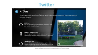 Twitter
Source: http://www.slideshare.net/christelquek/win-at-content-content-strategy
 