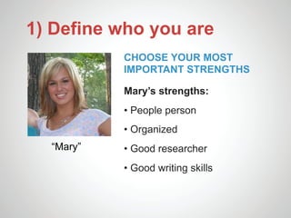 1) Define who you are
           CHOOSE YOUR MOST
           IMPORTANT STRENGTHS

           Mary’s strengths:
           • People person
           • Organized
  “Mary”   • Good researcher
           • Good writing skills
 