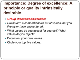 Attribute: An inherent characteristic; A natural qualityExerciseAsk five or ten friends, acquaintances, peers, teachers, etc. to list five adjectives that best describe you.Identify which are positive and which are negative.Put an asterisk next to the attributes that came up most often.These are the personal brand attributes that you are expressing most consistently.