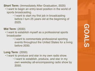 GOALS
Short Term: (Immediately After Graduation, 2025)
• I want to begin an entry-level position in the world of
sports broadcasting.
‣ I want to start my
fi
rst job in broadcasting
before I turn 25 years old at the beginning of
2025.
Mid Term: (2030)
• I want to establish myself as a professional sports
broadcaster
‣ I want to commentate professional sporting
events throughout the United States for a living
before 2030.
Long Term: (2050)
• I want to produce and star in my own radio show.
‣ I want to establish, produce, and star in my
own weekday all-encompassing radio show by
2050.
 