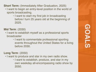GOALS
Short Term: (Immediately After Graduation, 2025)
• I want to begin an entry-level position in the world of
sports br...