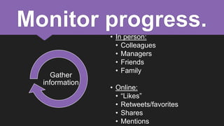 Monitor progress.
Gather
information

• In person:
• Colleagues
• Managers
• Friends
• Family
• Online:
• “Likes”
• Retweets/favorites
• Shares
• Mentions

 