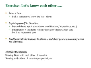 Exercise : Let’s know each other…..
   Form a Pair
     Pick a person you know the least about



   Explain yourself to the other
     Beyond data ( age / educational qualification / experience, etc. )

     Information / Incidents which others don’t know about you,

       but it so represents you.

   Briefly narrate the incident to others …and share your own learning about
    the individual



Time for the exercise
Sharing Time with each other : 7 minutes
Sharing with others : 1 minutes per participant
 