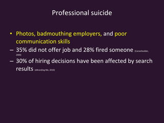 Professional suicide Photos, badmouthing employers,  and  poor communication skills 35% did not offer job and 28% fired someone  (Careerbuilder, 2009)  30% of hiring decisions have been affected by search results  (eBranding Me, 2010) 