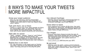 CREATE A TWITTER
CONTENT STRATEGY
• Listen &
Observe
• If you see
something, say
something to
the marketing
manager.
• Use the 80/20
rule
• 80% - Our
“customers”
news
• 20% - Our
Content
(Website,#TWEETNLEARN
 