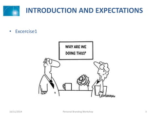 INTRODUCTION AND EXPECTATIONS
• Excercise1
16/11/2014 Personal Branding Workshop 3
 