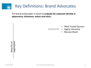 16/11/2014 Personal Branding Workshop 6
Key Definitions: Brand Advocates
Valueforan
organization
• Most Trusted Sources
• Highly Influential
• Massive Reach
The brand ambassador is meant to embody the corporate identity in
appearance, demeanor, values and ethics.
 