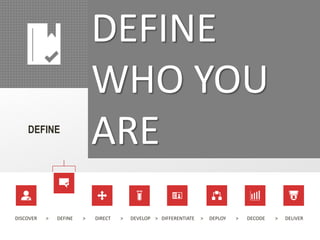 DEFINE
DISCOVER > DEFINE > DIRECT > DEVELOP > DIFFERENTIATE > DEPLOY > DECODE > DELIVER
DEFINE
WHO YOU
ARE
 