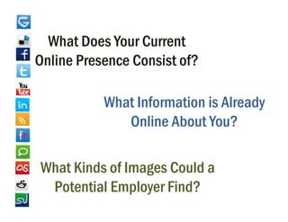 What Does Your Current
Online Presence Consist of?

           What I f
           Wh Information i Already
                       i is Al d
              Online About You?

What Kinds of Images Could a
 Potential Employer Find?
 