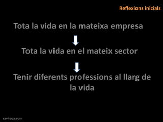 Reflexions inicials


      Tota la vida en la mateixa empresa

           Tota la vida en el mateix sector

      Tenir diferents professions al llarg de
                      la vida


xaviroca.com
 