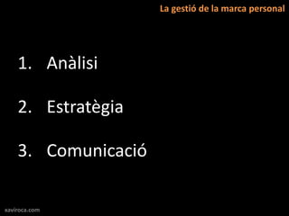 La gestió de la marca personal




    1. Anàlisi

    2. Estratègia

    3. Comunicació

xaviroca.com
 
