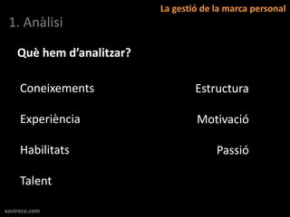 La gestió de la marca personal
 1. Anàlisi

    Què hem d’analitzar?

     Coneixements                  Estructura

     Experiència                   Motivació

     Habilitats                         Passió

     Talent

xaviroca.com
 