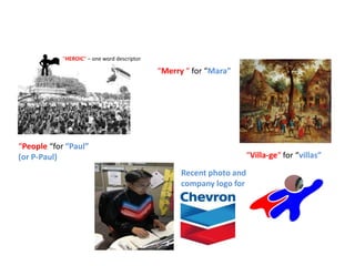 “HEROIC“ – one word descriptor

                                            “Merry “ for “Mara”




“People “for “Paul”
(or P-Paul)                                                          “Villa-ge“ for “villas”

                                                  Recent photo and
                                                  company logo for
 