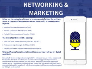 NETWORKING &
MARKETING
Below are 3 organizations I intend to become a part of within the next two
years, to give myself ample resources and opportunity to succeed within
my field:
1. American Sportscasters Association (ASA)
2. National Association of Broadcasters (NAB)
3. Football Writers Association of America (FWAA)
The type of content I will be posting:
1. Audio and visual content pertaining to the NFL and NCAA.
2. Written content pertaining to the NFL and NCAA.
3. Podcasts, interviews, analysis/research and opinion pieces.
What platforms of social media I intent to use and how I will use my digital
portfolio?:
Primarily, Twitter is most popular amongst athletes and sports fans, as well as analysts and
broadcasters. Facebook is useful due to its size, but decreasing popularity compared to
avenues such as Twitter, Snapchat and even Reddit. My portfolio, much like my podcast
website, acts as a mothership to information and content that you can ﬁnd elsewhere, but is
conveniently located in one place. It will showcase my past and future accomplishments and
my ability to create content.
 