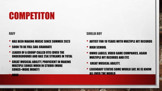 COMPETITON
RAFF
• HAS BEEN MAKING MUSIC SINCE SUMMER 2023
• SOON TO BE FULL SAIL GRADUATE
• LEADER OF A GROUP CALLED OTG (OVER THE
UNDERGROUND) AND HAS 25K STREAMS IN TOTAL
• GREAT MUSICAL ABILITY, PROFICIENT IN MAKING
MULTIPLE SONGS WHEN IN STUDIO (MORE
SONGS=MORE MONEY)
• NONE
SOULJA BOY
• ARTIST FOR 19 YEARS WITH MULTIPLE HIT RECORDS
• HIGH SCHOOL
• OWNS LABELS, VIDEO GAME COMPANIES, AGAIN
MULTIPLE HIT RECORDS AND ETC
• GREAT MUSICAL ABILITY.
• LEGENDARY STATUS SOME WOULD SAY, HE IS KNOW
ALL OVER THE WORLD
 
