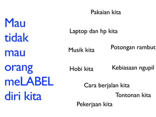 Pakaian kita

Mau         Laptop dan hp kita
tidak
                            Potongan rambut
mau         Musik kita

orang       Hobi kita       Kebiasaan ngupil

meLABEL          Cara berjalan kita

diri kita      Pekerjaan kita
                                Tontonan kita
 