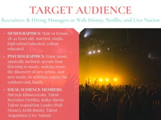 • DEMOGRAPHICS: Male or female,
28-45 Years old, married, single,
high school educated, college
educated.
• PSYCHOGRAPHICS: Enjoy music,
musically inclined, spends time
listening to music, making music,
the discovery of new artists, and
new music. In addition, enjoys the
outdoors and family. 
• IDEAL AUDIENCE MEMBERS:
Patrycja Klimaszewska, Talent
Recruiter (Netﬂix), Kelley Harris,
Talent Acquisition Leader (Walt
Disney), Keith Rutsky, Talent
Acquisition (Live Nation)
Recruiters & Hiring Managers at Walt Disney, Netﬂix, and Live Nation
TARGET AUDIENCE
 